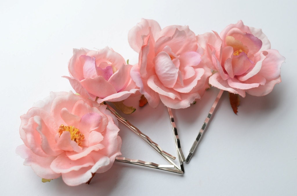 Hair accessories, pink flower bobby pins, pink roses clips, wedding accessory - Boho hair blooms