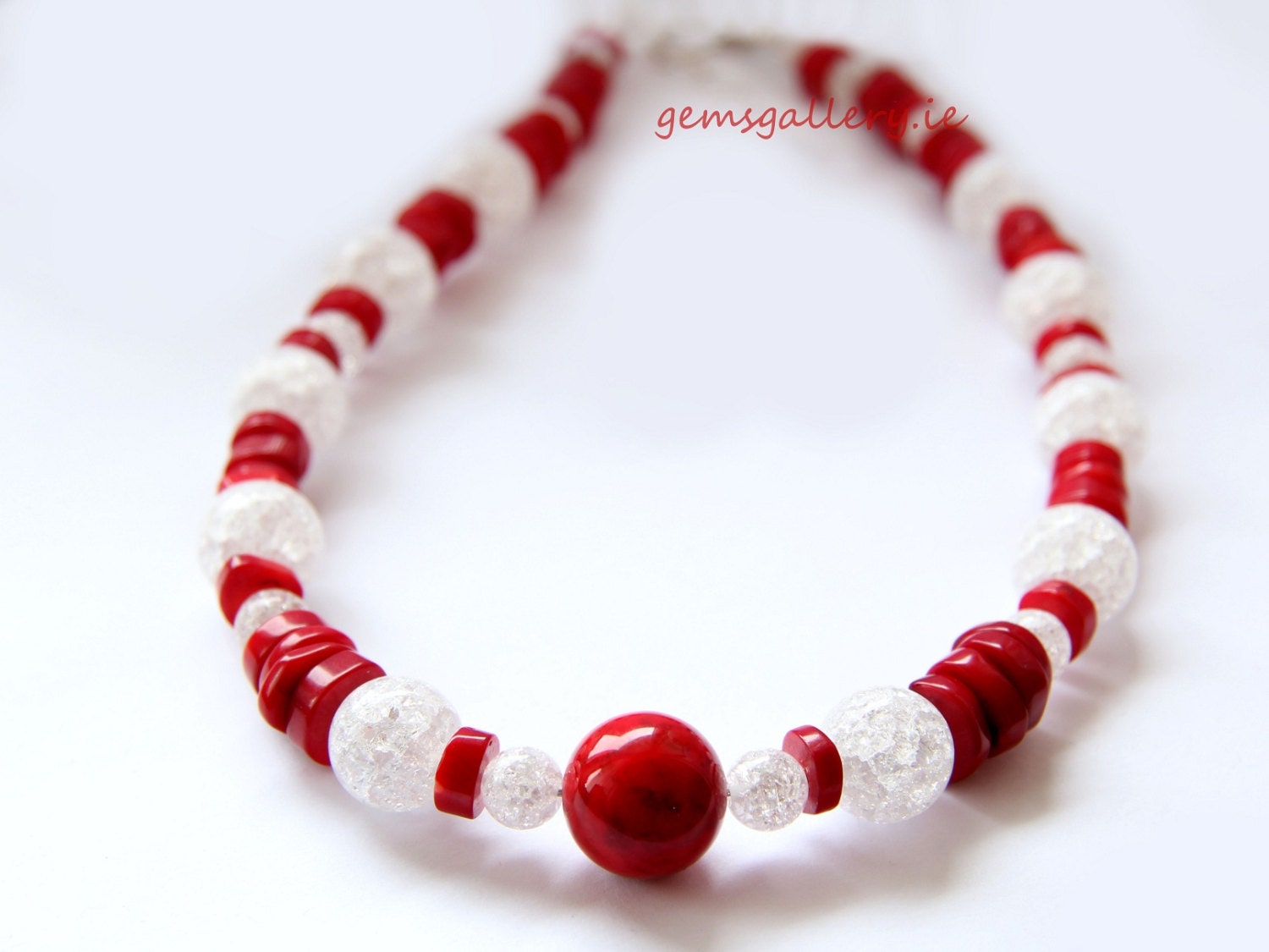 Red Coral, White Crackle Glass & Sterling Silver Necklace - gemsgallery