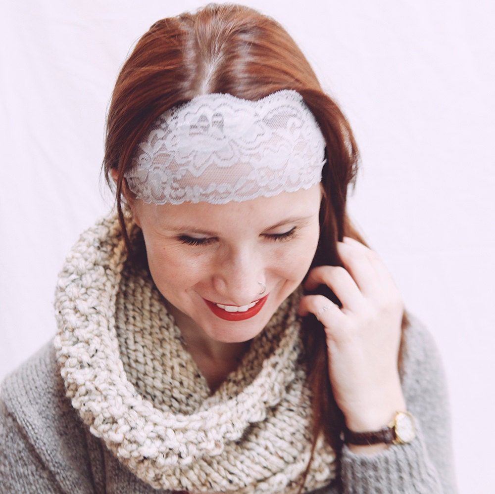 Gray Stretch Lace Headband with scalloped edge READY TO SHIP