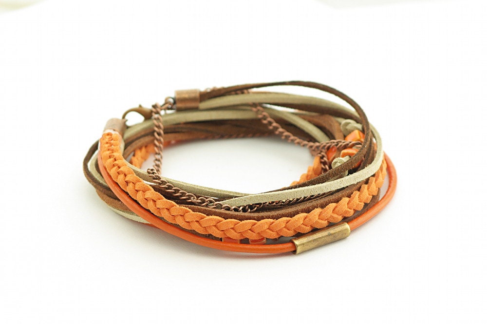 Wrap Bracelet, Leather wrap, Brown Orange Boho bracelet, suede, double wrap, boho chic, orange ceramic beads