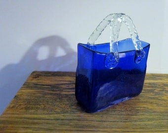 Blue Glass Basket Clear Handles Vintage Glass Basket Royal Cobalt Blue