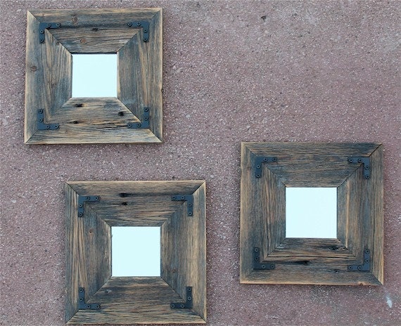 Mirror Collage - Rustic Industrial Eco Decor Reclaimed Wood - 10x10 set of three finished framed farmhouse mirrors