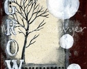 8"x10"x.5" Mixed media painting-GROW-tree and moons on crimson-inspirational art
