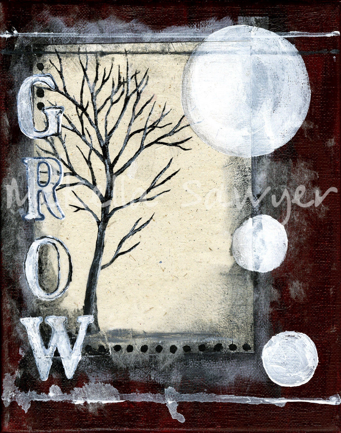 8"x10"x.5" Mixed media painting-GROW-tree and moons on crimson-inspirational art