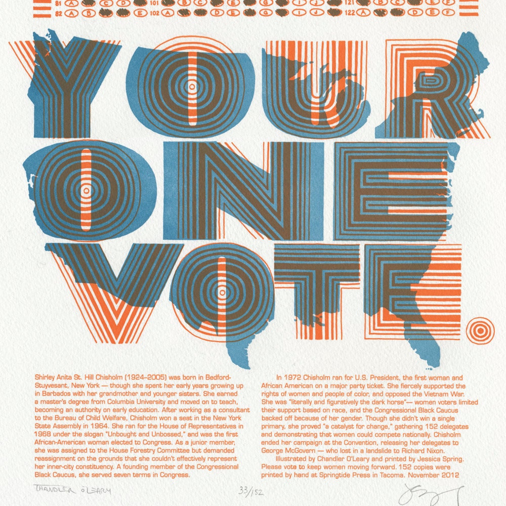KEEP THE CHANGE oversized postcard celebrating the right to vote and featuring quote by Shirley Chisholm