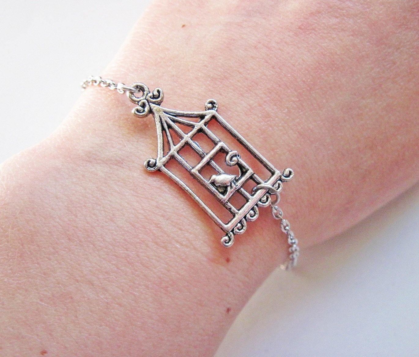 Cage Bracelet, bird cage bracelet, caged bird bracelet, silver bracelet, bird in captivity bracelet, animal bracelet, caged bird jewelry