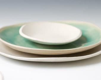 White Matte and Turquoise Stoneware Place / table setting Pottery Ceramic Plates three piece Set 10.5, 9.25 and 5.3 inches - ready to ship