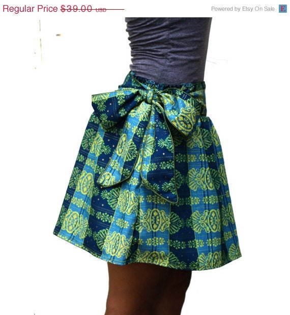 ON SALE Spring Fashion Green and Blue Mini Skirt with Sash Belt - Ready to Ship