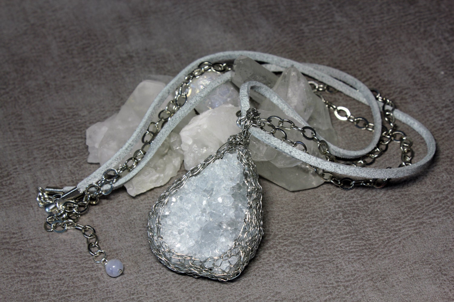 Pale Blue Celestite Teardrop Cluster Wrapped into Silver Wire Crochet, Blue Lace Agate, Silver-plated Chain, Faux Suede Cord, Necklace