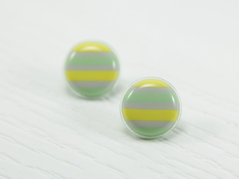 Yellow Grey Green Striped Stud Earrings 20mm - Grey Striped Earrings - Striped Jewelry - Yellow Striped Post Earrings - Green Stripes Studs