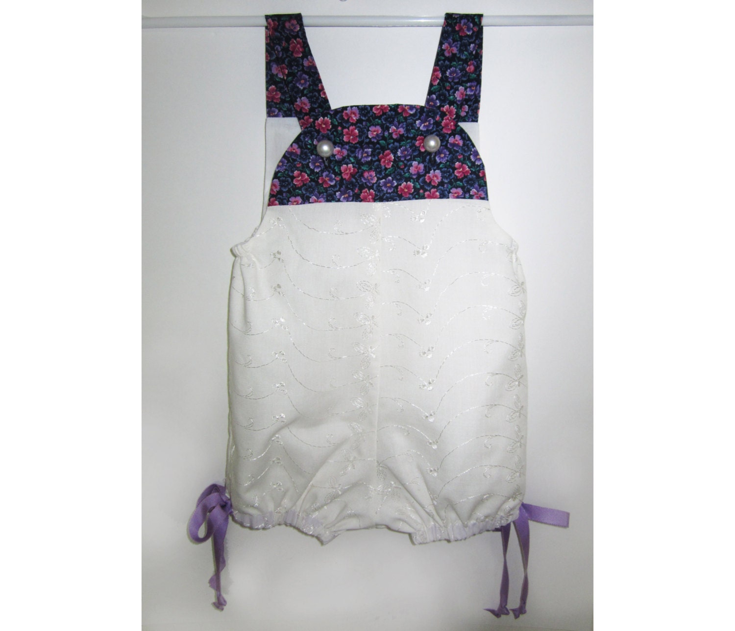 Purple Summer and Spring Eyelet Baby Romper with Tie on Legs and Purple Flower Bib- for sizes Babies and Toddlers. Spring Girl Infant Outfit