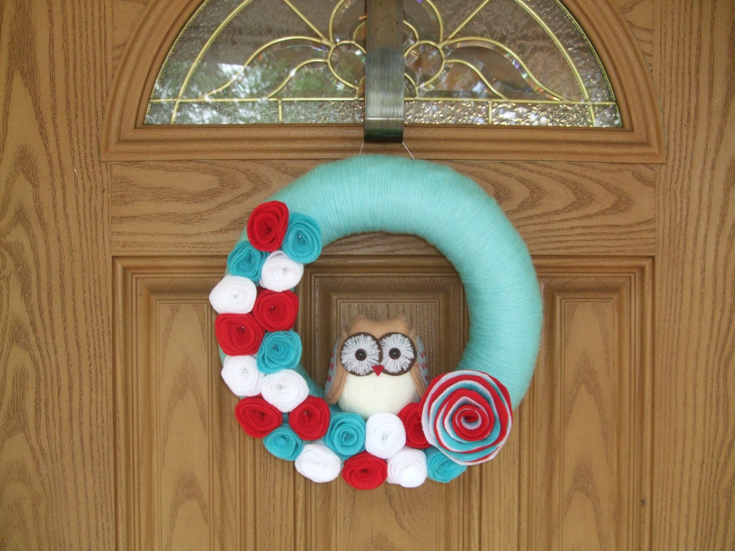 Patriotic Owl Wreath-- Turquoise Yarn Wreath-Red, White, and Blue Felt Flower Pearl Red Yarn Wreath