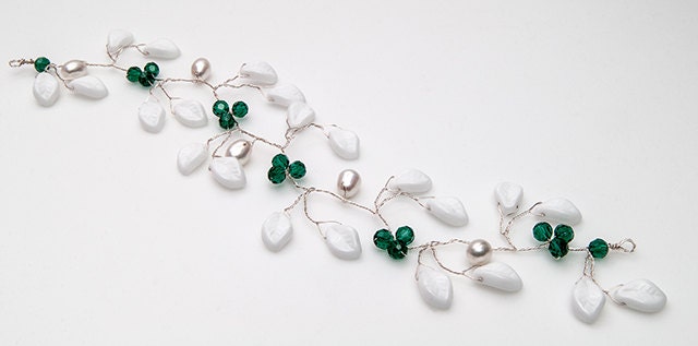 White Green Bridal Hair Vine, Wedding Hair Accessories, Leaf Head Piece, Bridal Hair Accessories