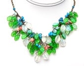 Green Flower Statement Necklace, Bib Necklace, Spring Nature Jewelry, Bridal Jewelry with dangle earrings
