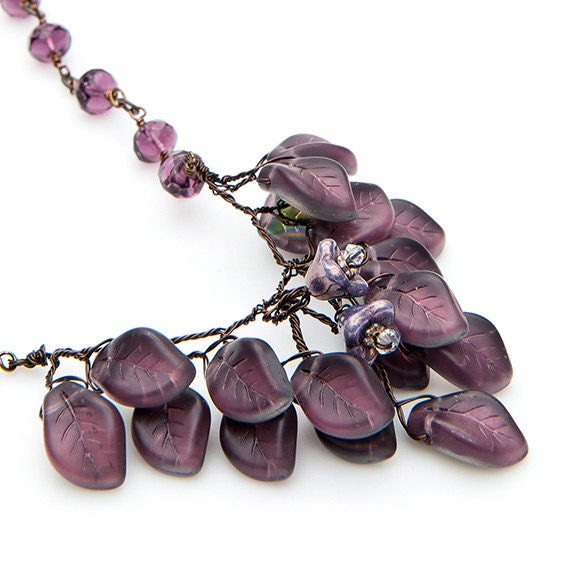 Purple Flower Necklace, Beaded Necklace, Woodland Wedding, Mothers Day Gift