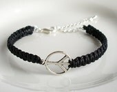Custom Color Silver Peace Charm Bracelet, Adjustable Square Knot Friendship Macrame Bracelet
