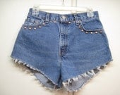 AWSOME upcycled  Levis 550 denim cut off shorts size 8 frayed ripped 28X3 1/2  High Waisted  studs added