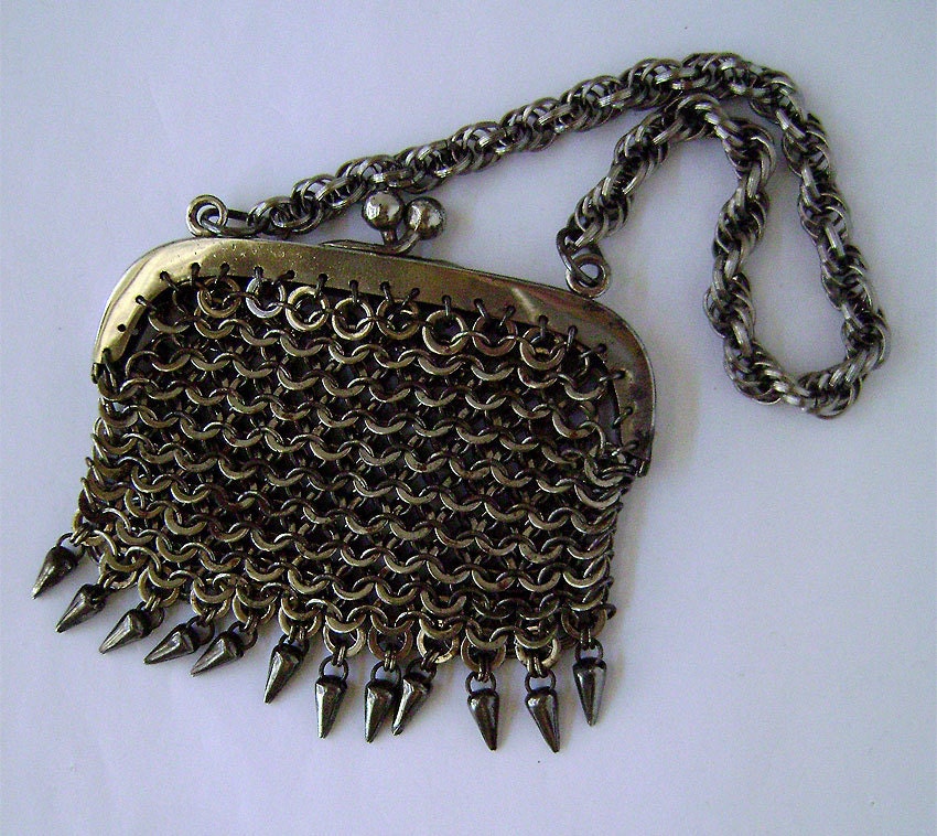 Victorian Gunmetal Mesh Chatelaine coin Purse bullet fringe 1900's
