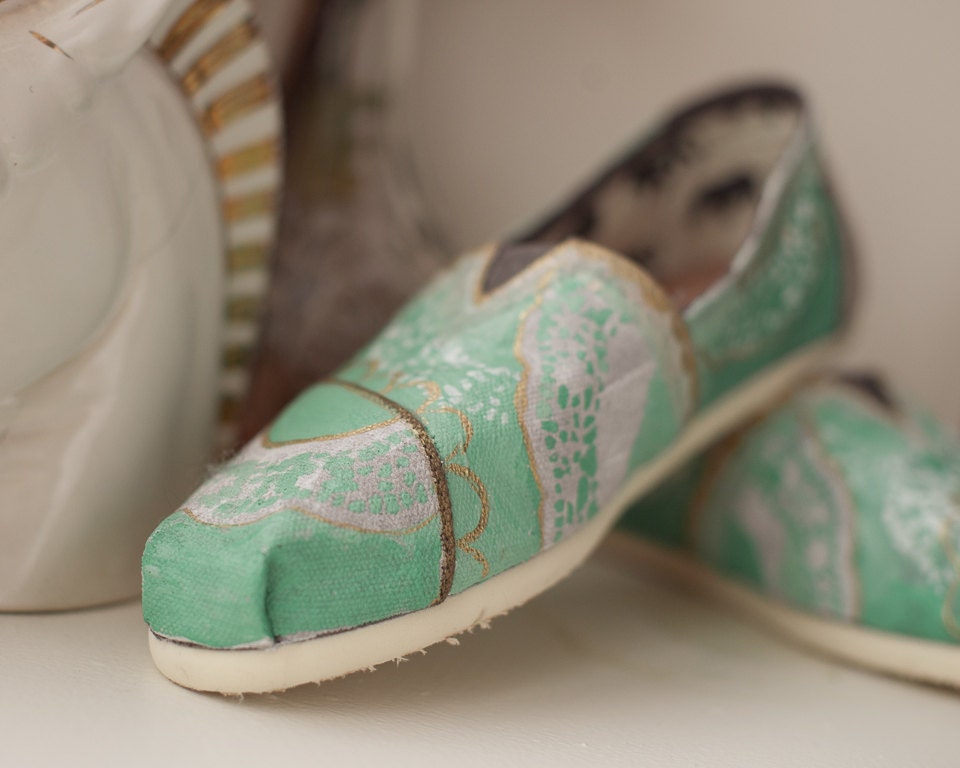Mint and Gold Lace Custom TOMS Shoes