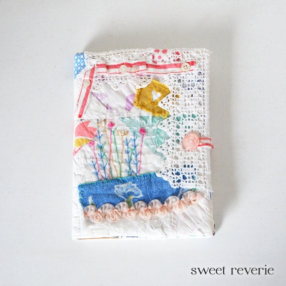 Vintage Quilt and Lace Textile Art Journal Notebook Sketchbook Diary Blank, Spring Flower Garden - Featured in Simply Handmade Magazine