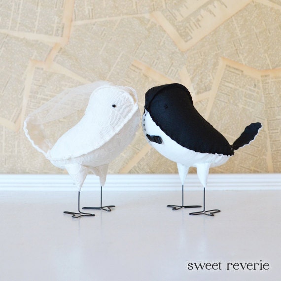 Custom MINI Wedding Cake Topper Vintage Fabric Love Birds with Veil and Bow Tie, Design Your Own, Customizable Wedding Birds - Made to Order
