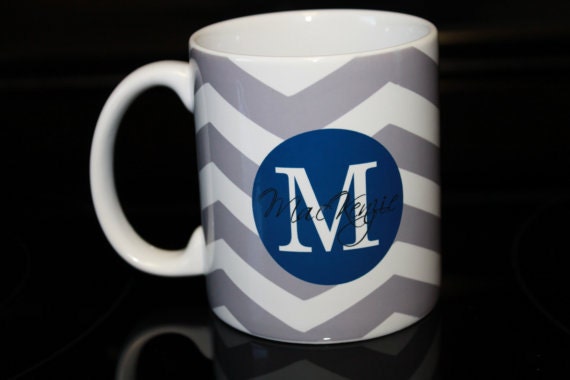 Coffee Mug - Gray Chevron with Navy Blue Monogram Coffee Mug - Custom Coffee Mug - Personalized Mug