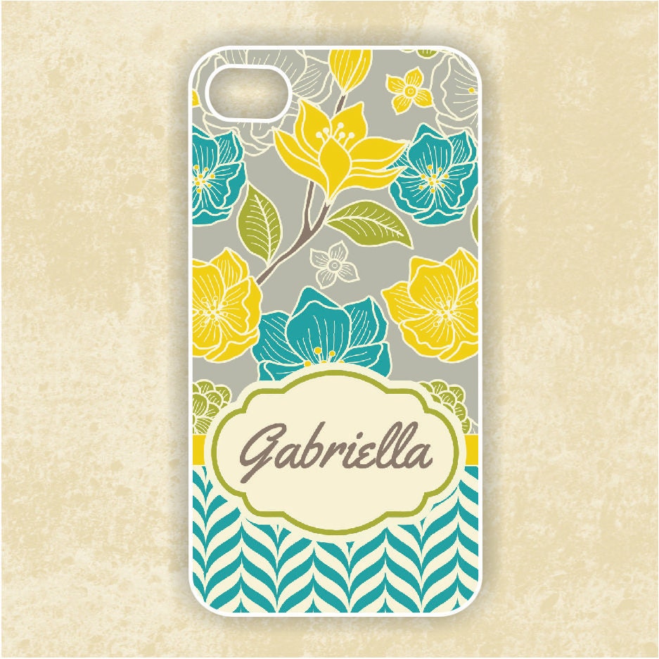 iPhone 4 Case - Stylish Turquoise & Yellow Flowers  Monogram - iPhone Case, iPhone 4 Cover, Monogram iPhone Case (iM5098)
