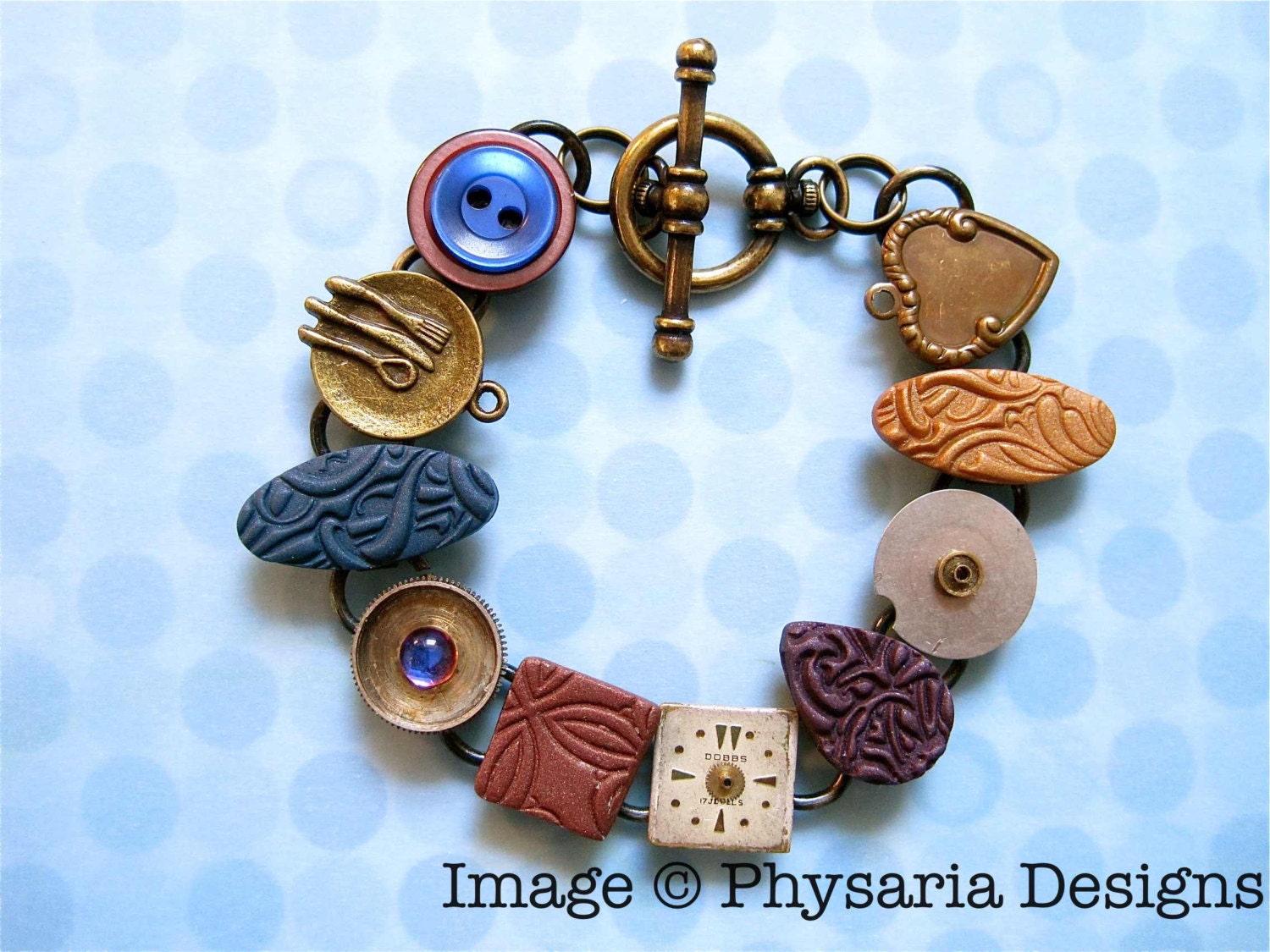 Multiform Bracelet Upcycled Watch Parts, Clay Tiles, Fun-Kooky Stuff - Teal, Bronze, Purple, Gold