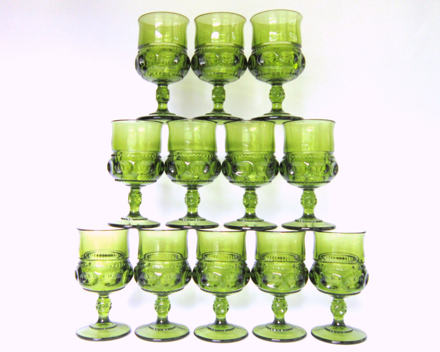 Vintage Kings Crown Green Thumbprint Goblets, Set of 8 Indiana Glass Mid Century Wine Water