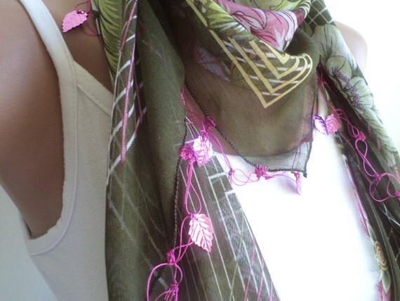 Women scarf, scarves, Scarf, beaded lace, brown, green triangle scarf,stylish accessory ,thin scarf, women fashion