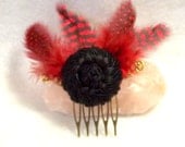 RED FEATHER Hair Accessory, Hair Comb, Vintage Fabric Button, Asian Influence, Unique