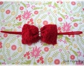 Love Potion- Sweet Red Lace Bow with Ivory Pearls on Red Skinny Elastic-Baby Headband-Toddler Headband
