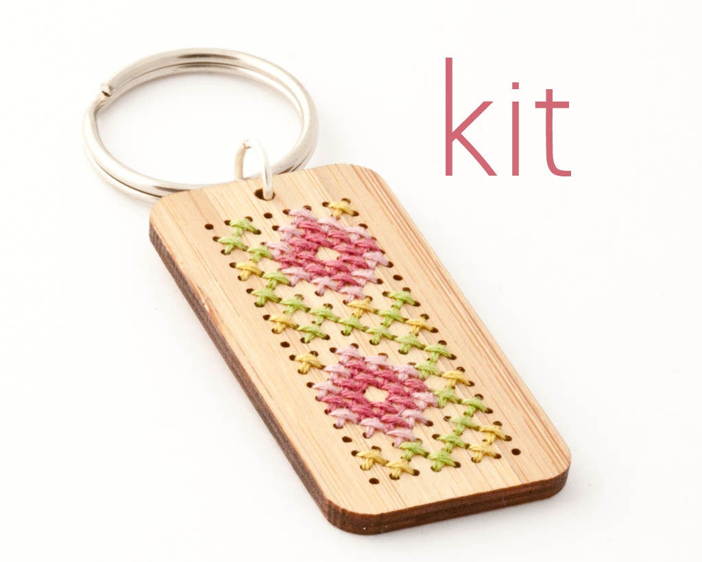 DIY Cross Stitch Key Fob Kit - Bamboo Rectangle with Flowers and Vine Pattern