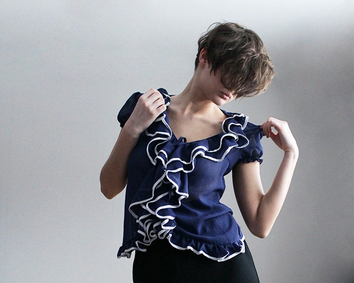 Semi sheer navy blue ruffled blouse