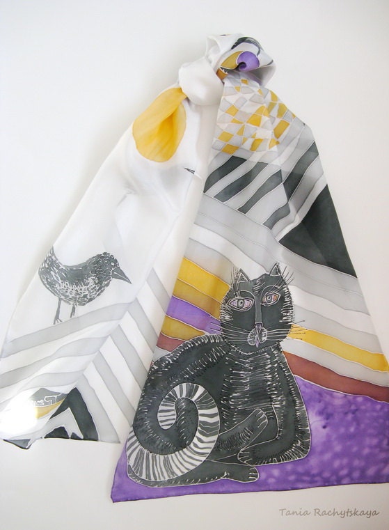 Hand painted silk scarf. Bird & cat. Modern Shawl. Black White Silk Scarf. Black cat. 100% habotai silk Yellow Moon. Purple. 60'' x 15''