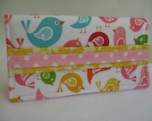 Checkbook Cover in Cute Multi-Colored Bird Print Fabric with Pink Polka Dot Pockets