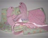 baby girl gift set, pink minky blanket, 2 contoured burp cloths, 2 flannel bibs, Pink and green gift set, stroller blanket