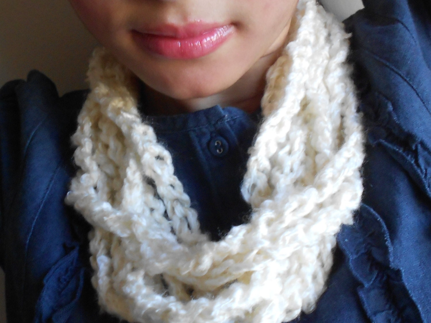 Frosty Pearl White Stunning Yarn Scarflette -- Infinity Scarf Yarn Necklace In Muslin White