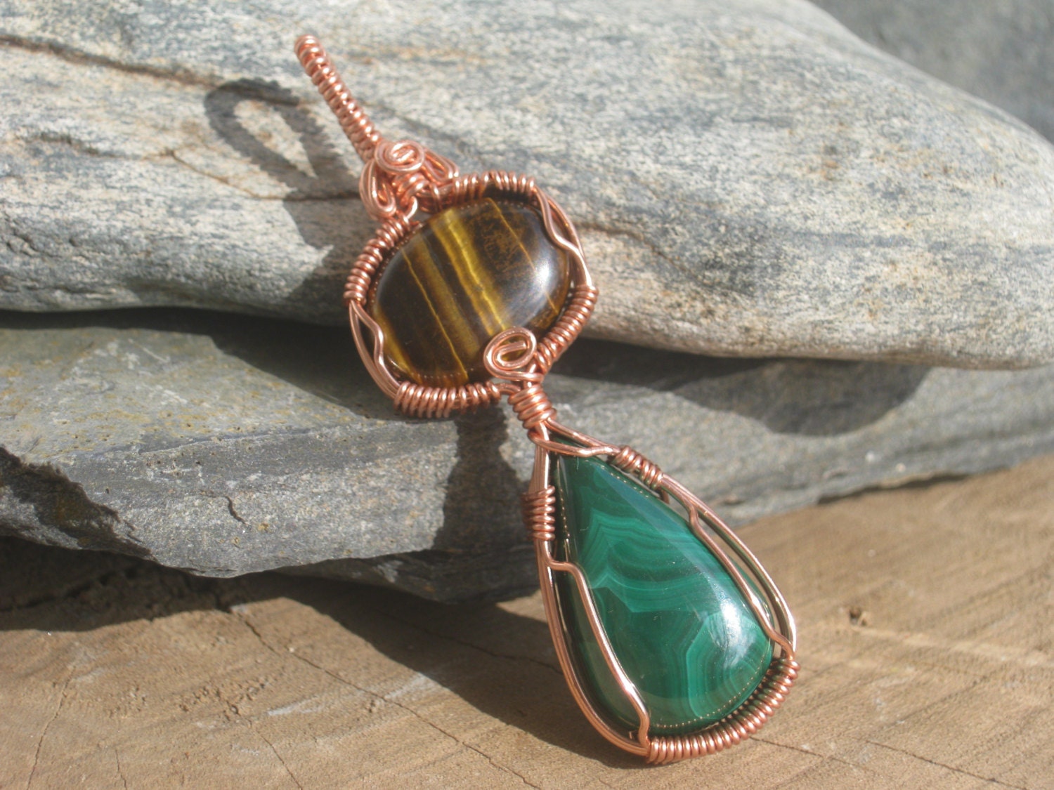 Malachite and Tiger Eye Pendant, Midwife stone Wire Wrapped
