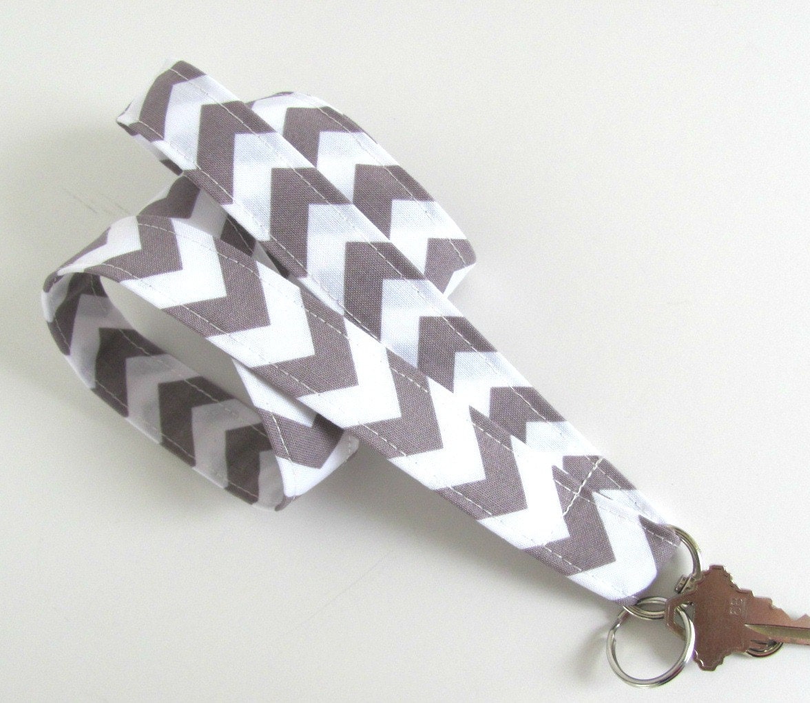 Lanyard ID Badge Holder Grey White Chevron Key Lanyard - Fabric Lanyard