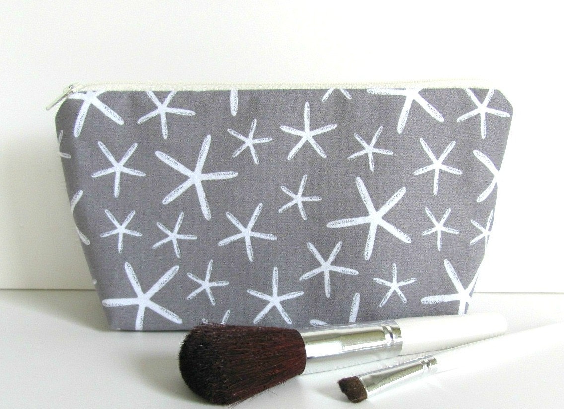 Cosmetic Makeup Bag - Starfish Zipper Pouch in Grey - Bridesmaid's Gift