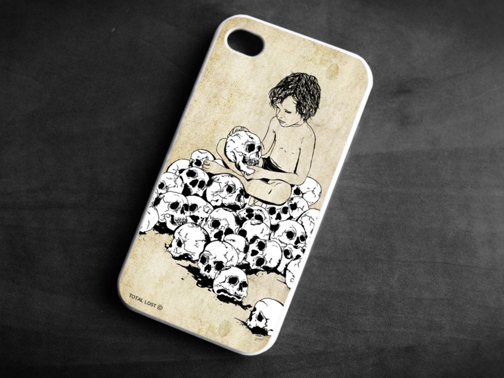 IPhone Case boy holding skull TPU Gel Silicone Cover iPhone 4/4S gothic art original black white
