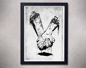 Original digital print zombie hands skull bone black white creepy horror blood goth art poster