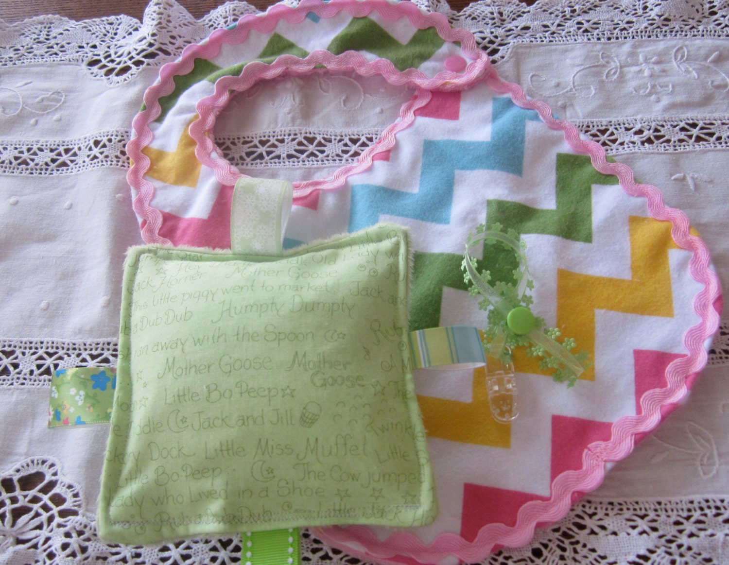 Baby Girl Chevron Stripe Spring Bib, 3pc set,  crinkle toy, nursery rhymes plus dainty pacifier keeper, Perfect for any baby girl
