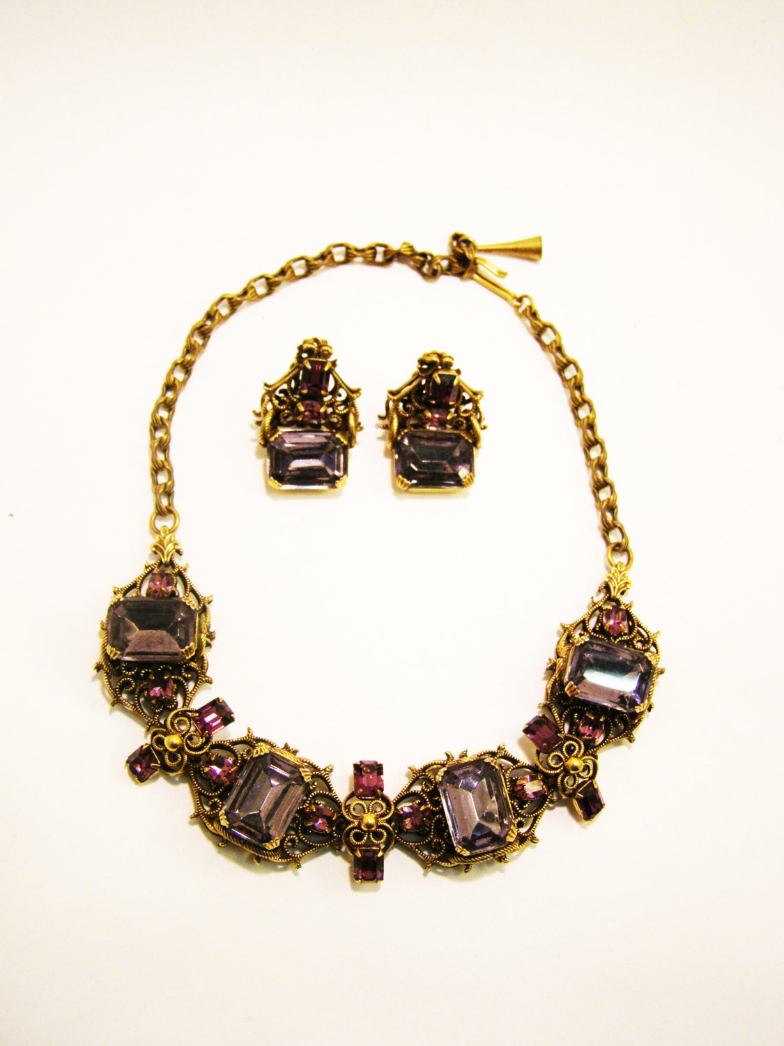 Vintage Ornate Filigree Alexandrite and Amethyst Set of Necklace and Earrings