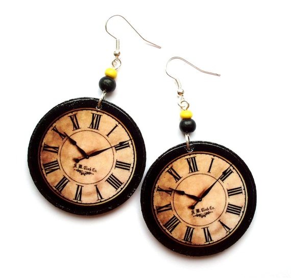 Decoupaged CLOCK EARRINGS retro steampunk vintage clocks gothic goth gothique perfect gift gift for her under 25