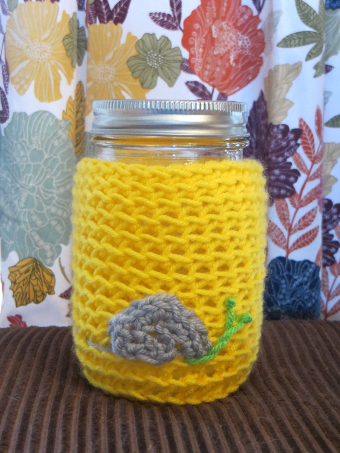 Mason Jar Crocheted Cozy (yellow w/ a grey & green snail)