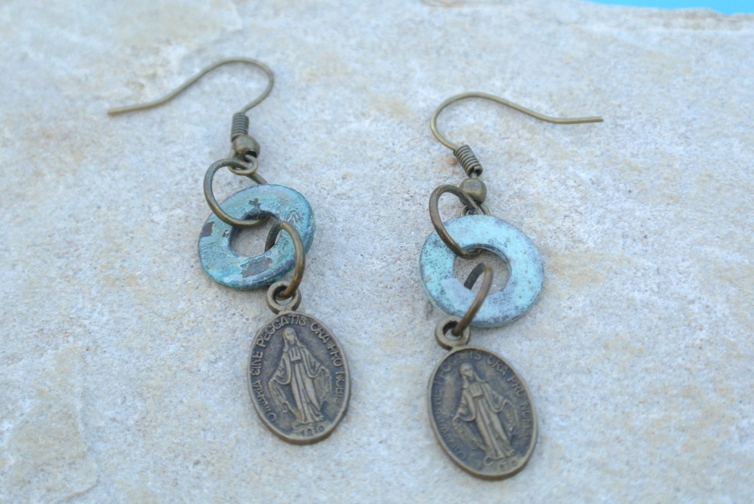 Hardware Jewelry - Industrial Washer Earrings withTurquoise Accent and Religious Charm