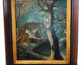 Vintage 1880s 19th C Antique Victorian Oil on Board Winter Cottage Landscape Painting in Antique Deep Walnut Frame