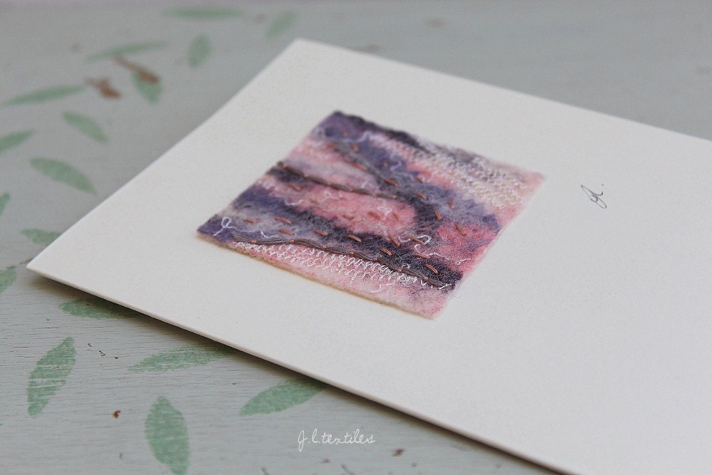 Textile Art Card, Felt & Hand Embroidery, Pink, Purple Stripe